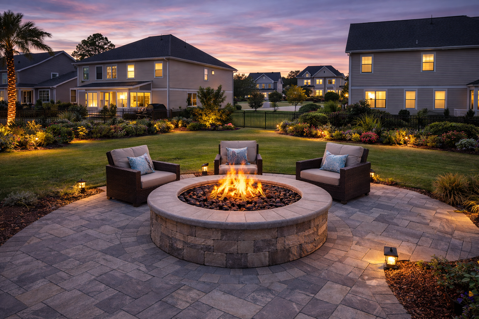 Fire pit with chairs in a backyard at dusk, surrounded by illuminated landscaping and houses.
