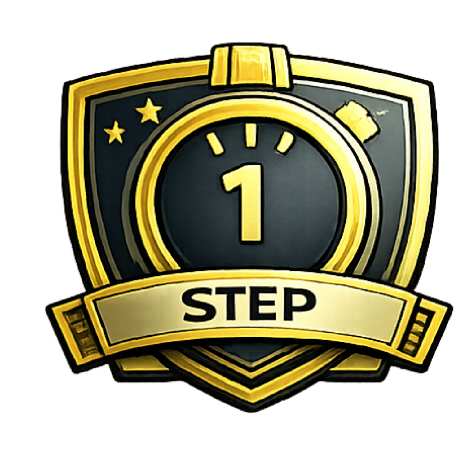 Shield-shaped emblem with gold and black accents. Displays 