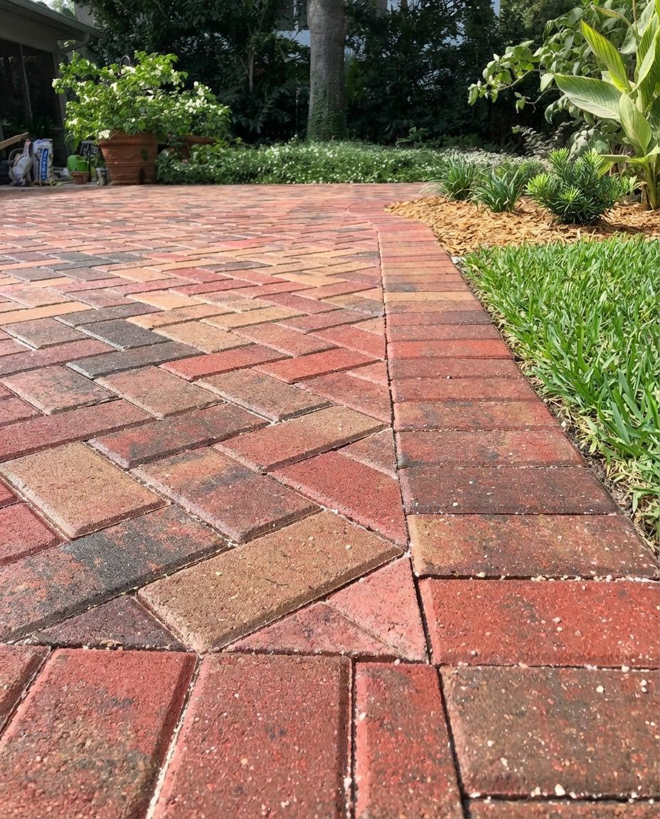 Brick paved driveway leading to a white, open-air carport with green landscaping on the right.