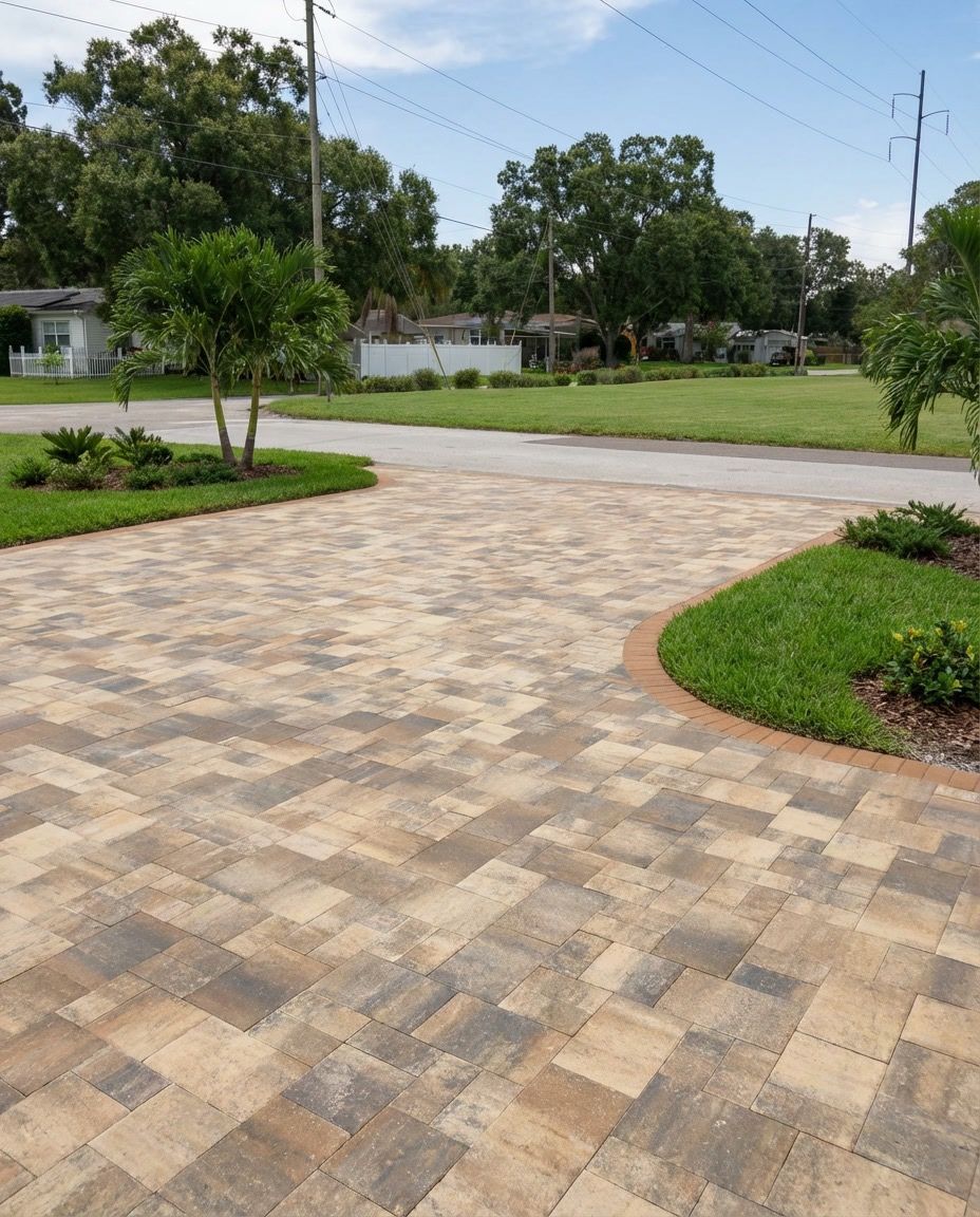 Stone paver driveway leading to a two-car garage with brown doors, bordered by green grass and a street curb.