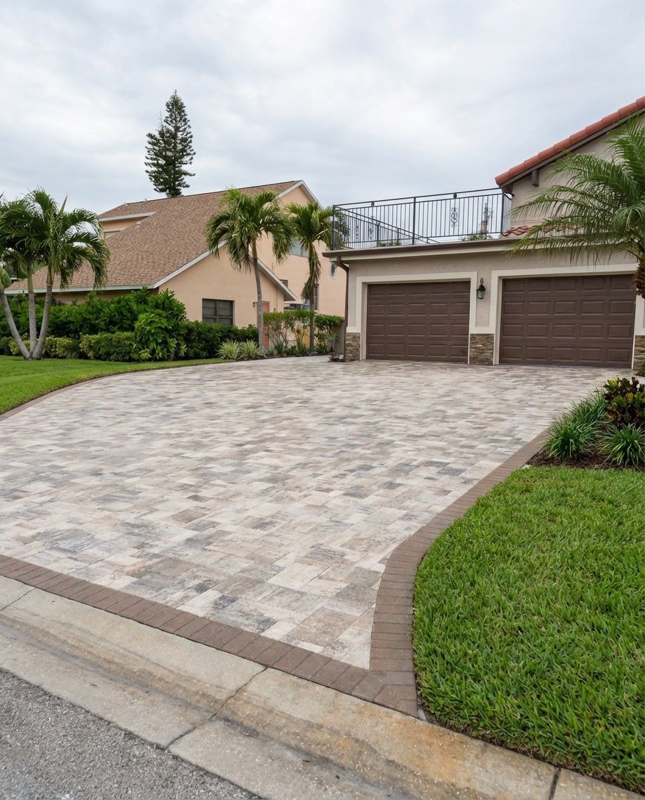 Aerial view of a driveway with a car, surrounded by green lawns and tropical landscaping.