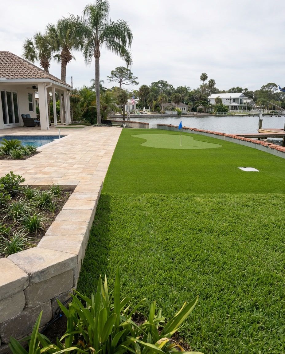 Backyard with artificial turf putting green. Person vacuums the green. White fence surrounds.