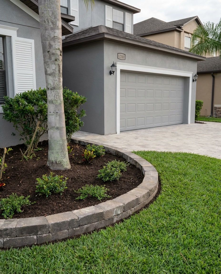 Brick paved driveway leading to a white, open-air carport with green landscaping on the right.