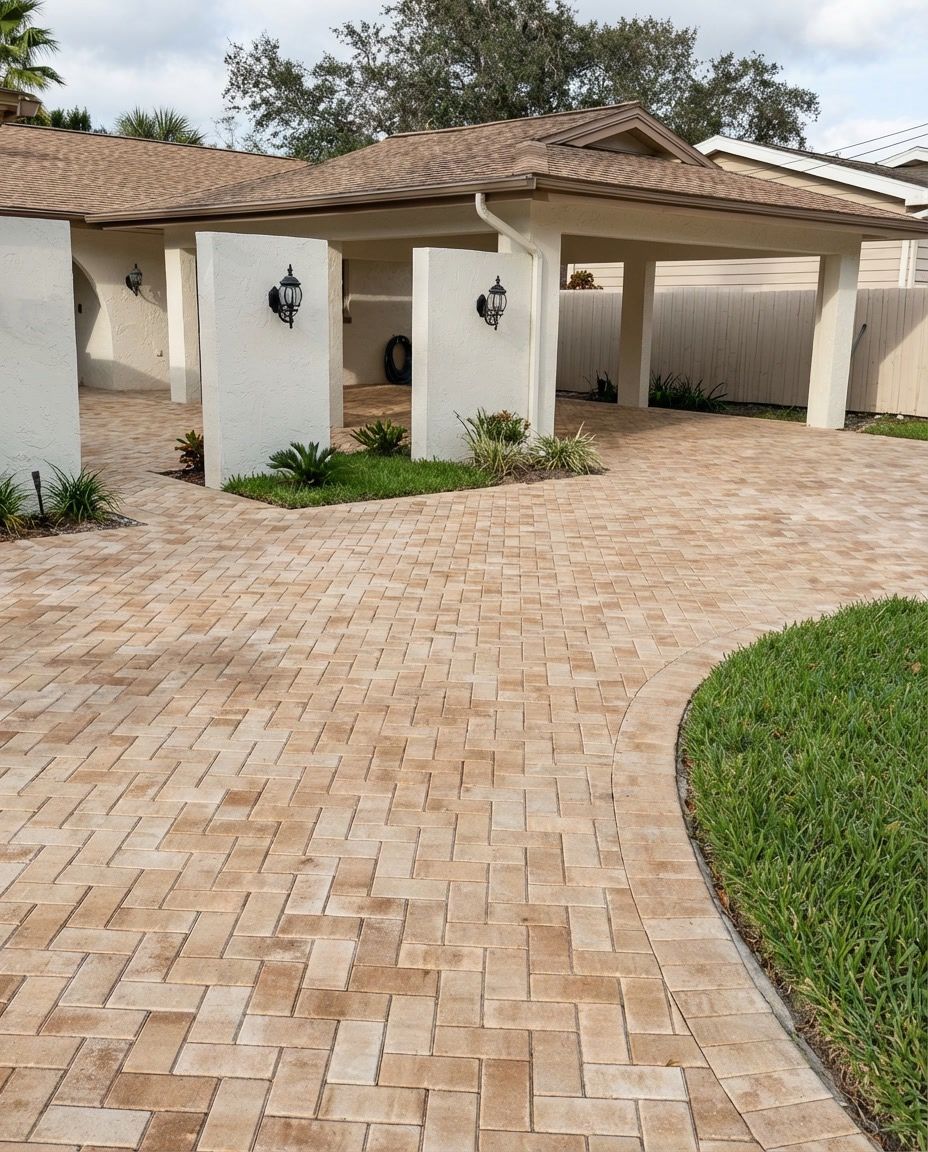 Backyard with artificial turf putting green. Person vacuums the green. White fence surrounds.