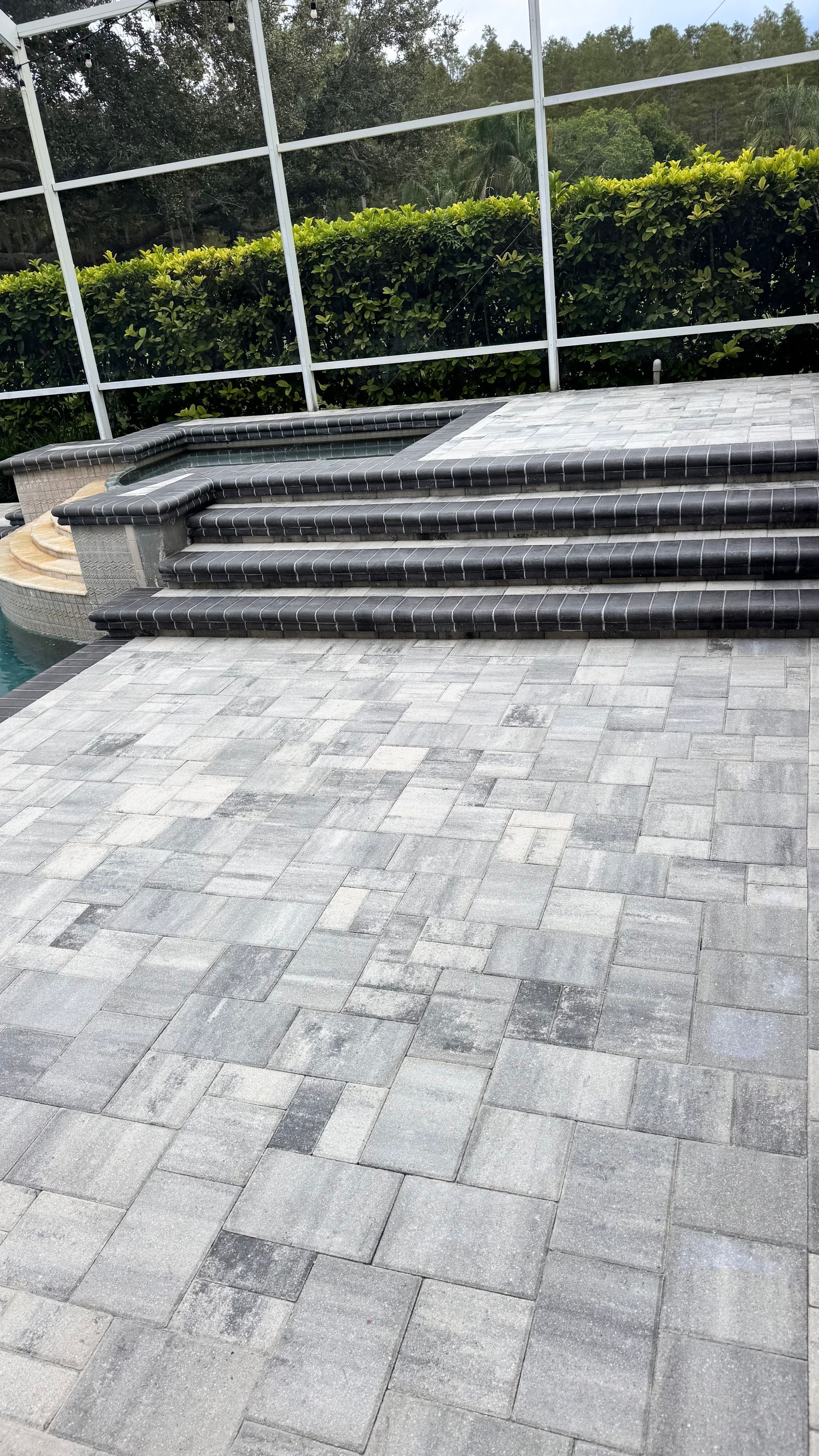 Stone patio with steps leading to pool area, enclosed by a screen.