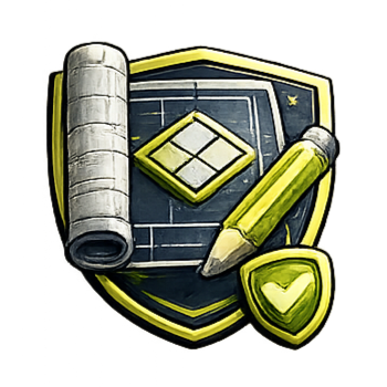 Shield with blueprint scroll, pencil, small shield. Yellow and gray.