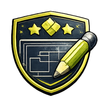Badge with a blueprint and pencil, gold trim, stars, and diamond-shaped design.