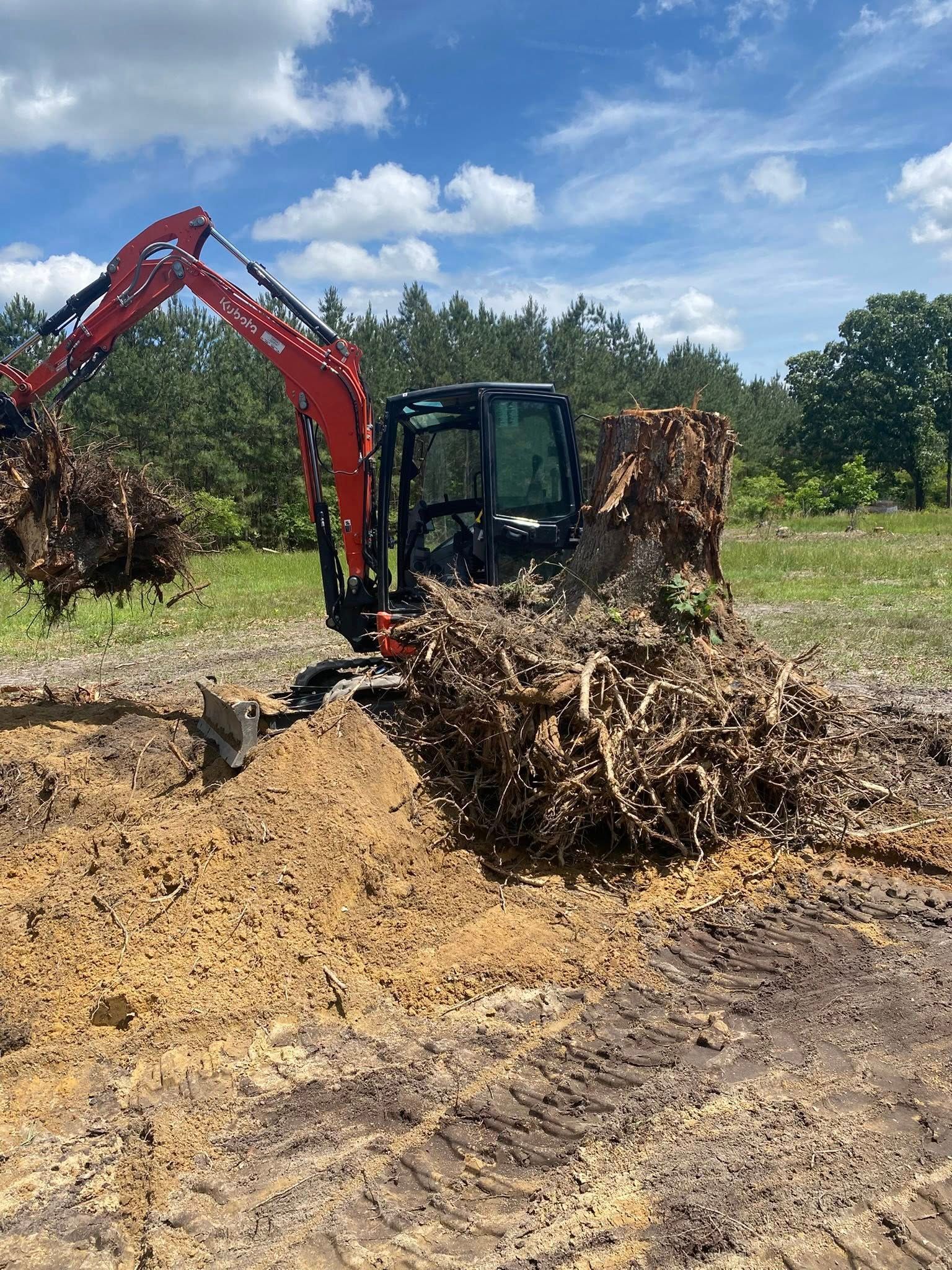 Red excavator removing a large tree stump in a field on a sunny day.
