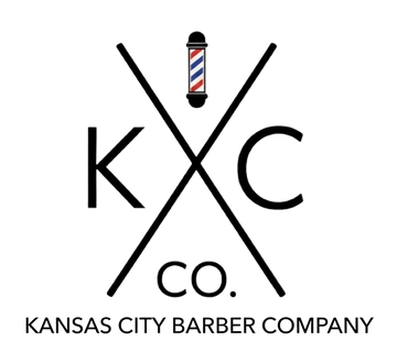 A logo for KXC Co. featuring a barber pole icon centered above crossed lines with the letters 