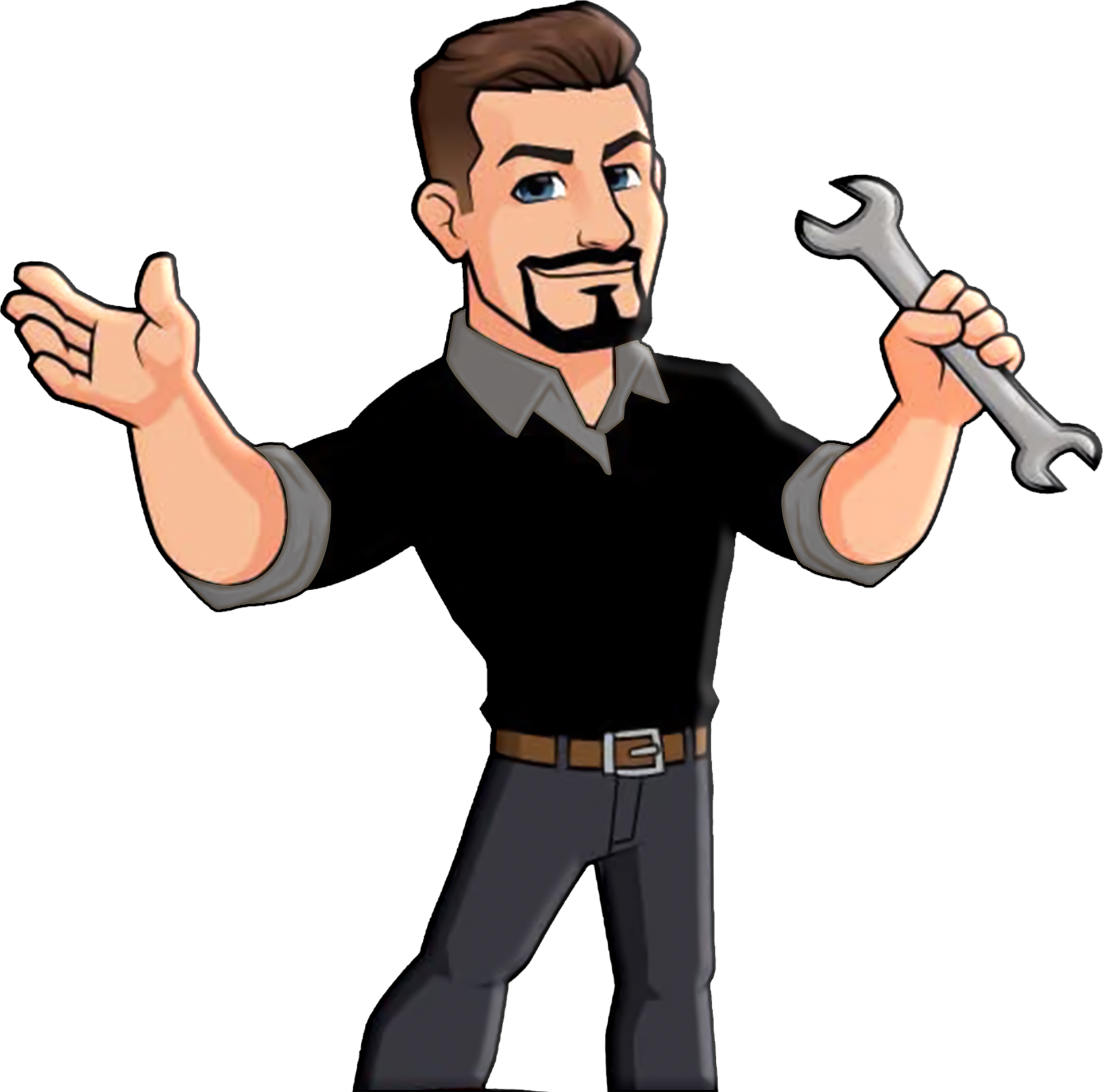 Man with a wrench, wearing black shirt and gray pants, gesturing with open hand, ready to help.