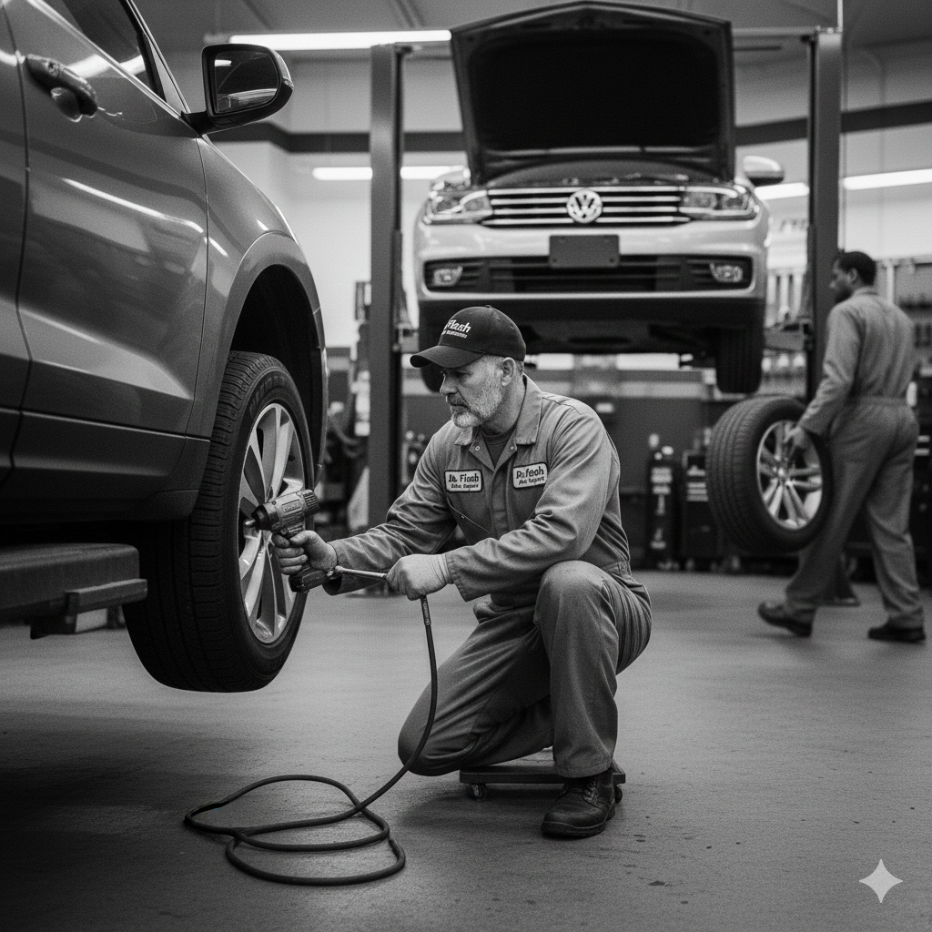 Mechanic changing a tire in a garage, another vehicle raised on a lift, worker in background.