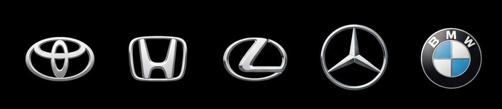 Logos of Toyota, Honda, Lexus, Mercedes-Benz, and BMW on a black background.