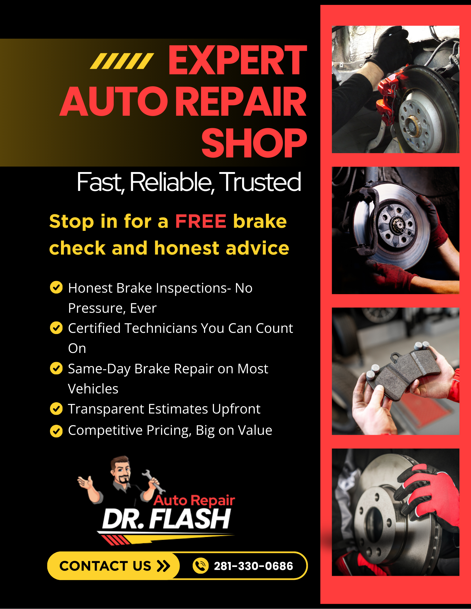 Advertisement for auto repair shop; features car brake repairs, free brake check offer, and contact info.