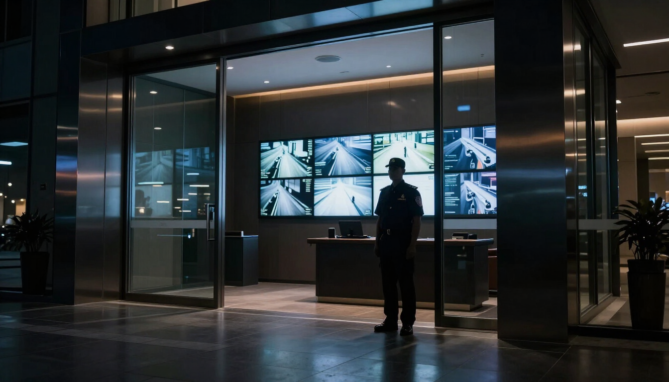 Portaria corporativa monitorada à noite
