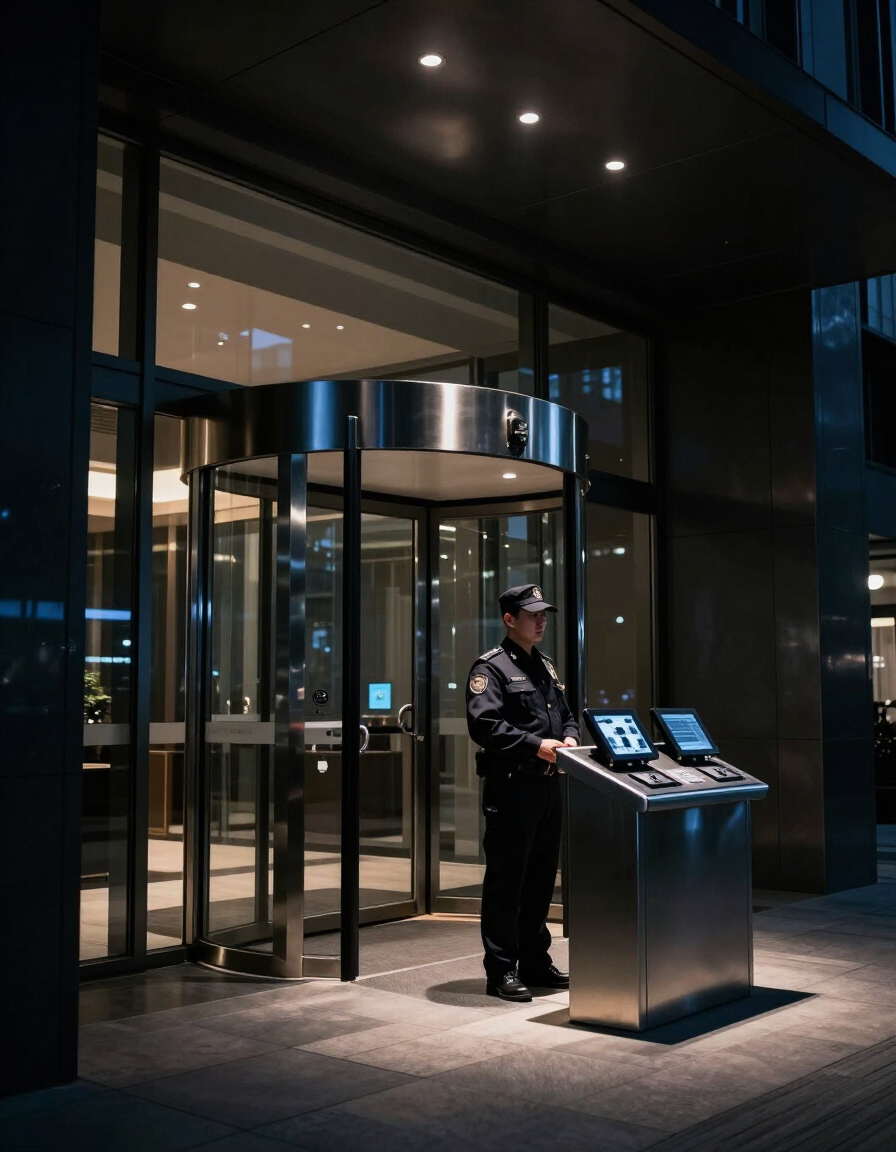 Portaria corporativa noturna com segurança