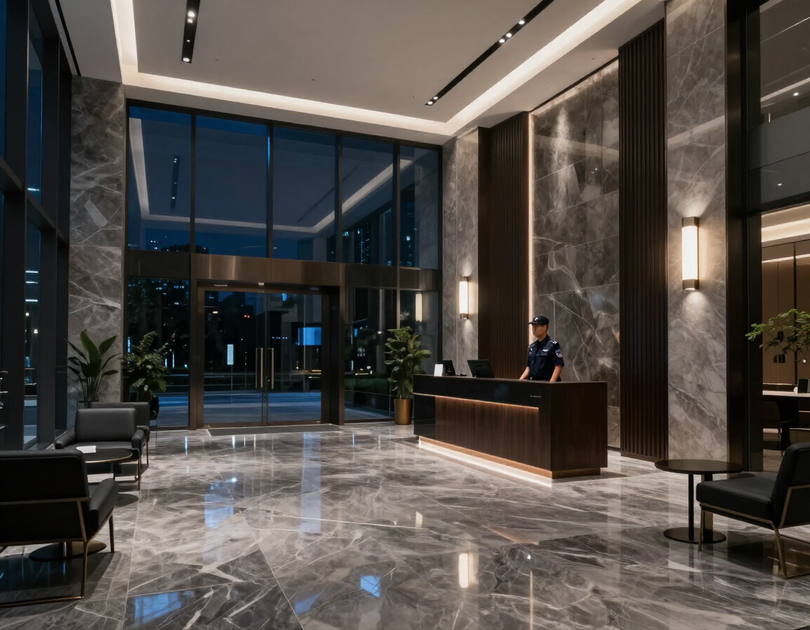 Segurança discreta em hall corporativo noturno