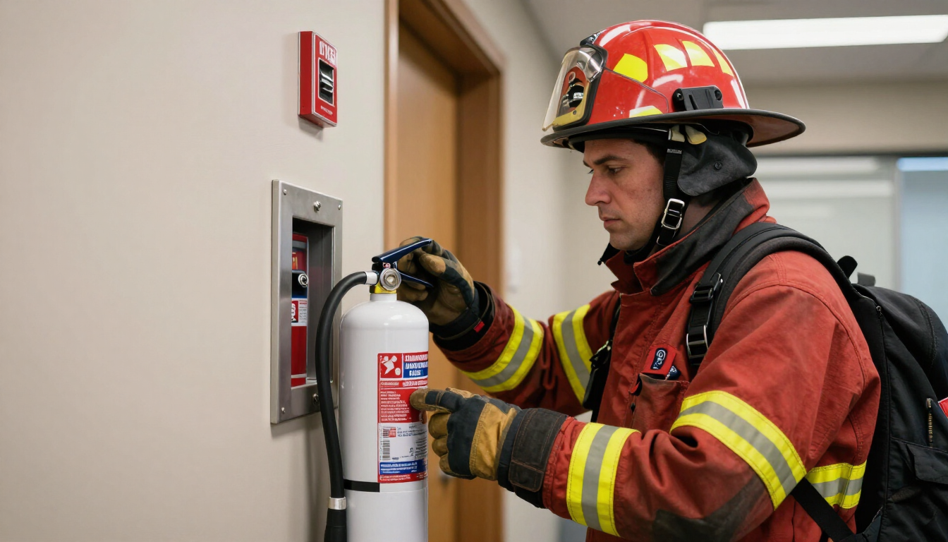 Bombeiro civil verificando equipamento de prevenção