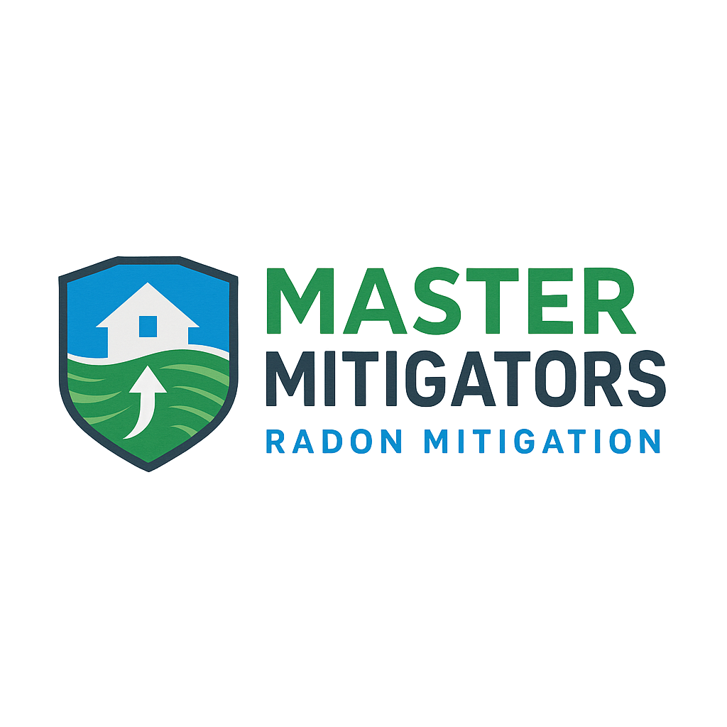 Logo for Master Mitigators: Shield with house, green field, upward arrow, and text "Master Mitigators Radon Mitigation" in green and blue.