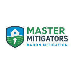 Logo for Master Mitigators: Shield with house, green field, upward arrow, and text "Master Mitigators Radon Mitigation" in green and blue.