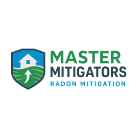 Logo for Master Mitigators: Shield with house, green field, upward arrow, and text "Master Mitigators Radon Mitigation" in green and blue.