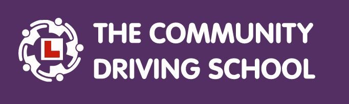 The Community Driving School logo on a purple background with a stylized car and person icon