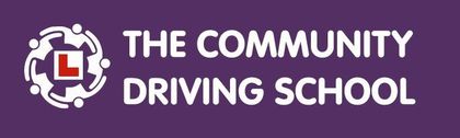 The Community Driving School logo on a purple background, with a white and red learner driver icon.