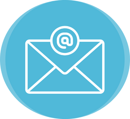Blue email envelope icon with an @ symbol inside a circle