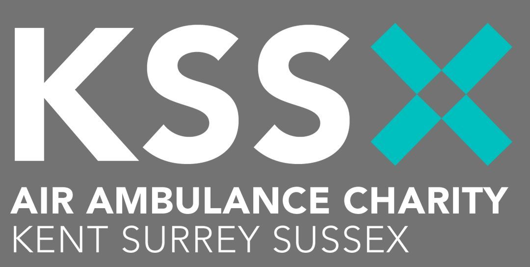 KSS Air Ambulance Charity Kent Surrey Sussex logo in white and teal on a gray background