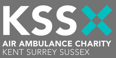 KSS Air Ambulance Charity Kent Surrey Sussex logo in white and teal on a gray background
