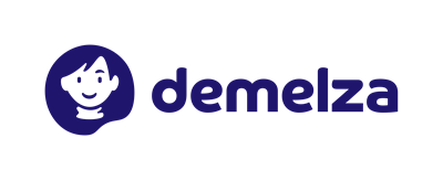 Demelza logo with a white face icon and purple text on a white background