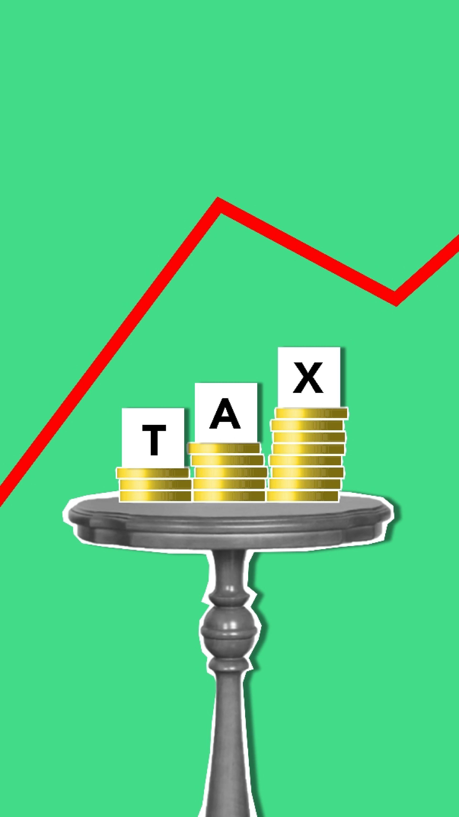 Tax letters stacked on coins atop a table with a red upward line on green background