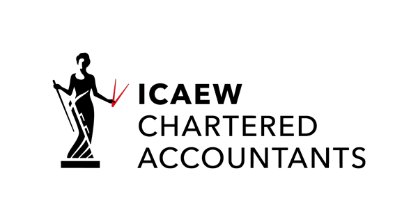 ICAEW Chartered Accountants logo with black silhouette and red check mark on white background
