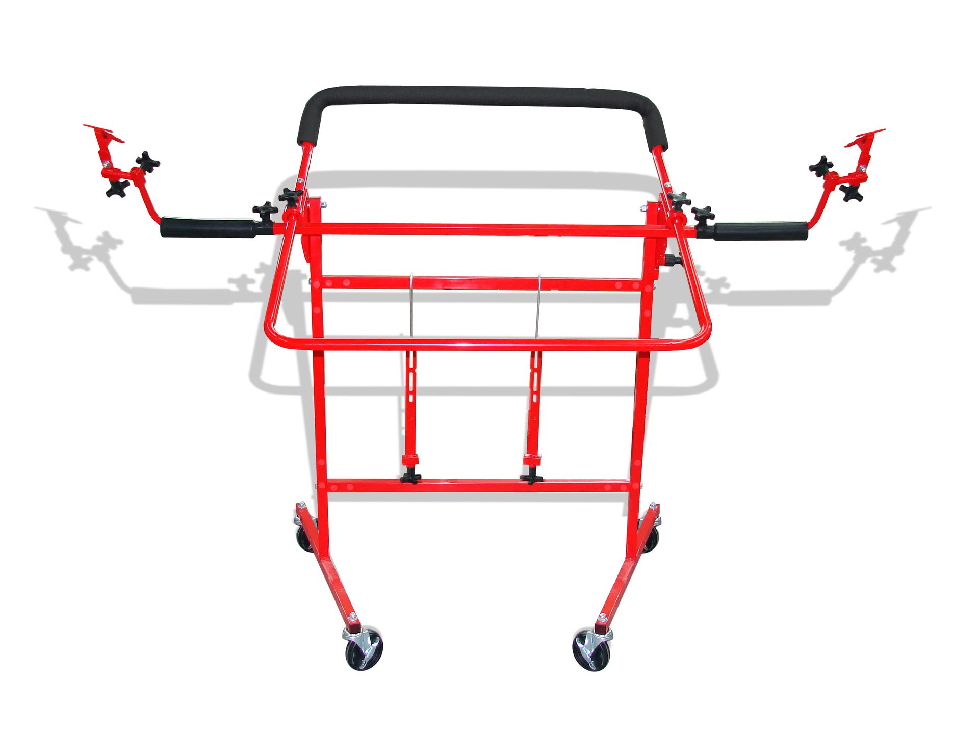 Red motorcycle lift with adjustable arms and wheels.