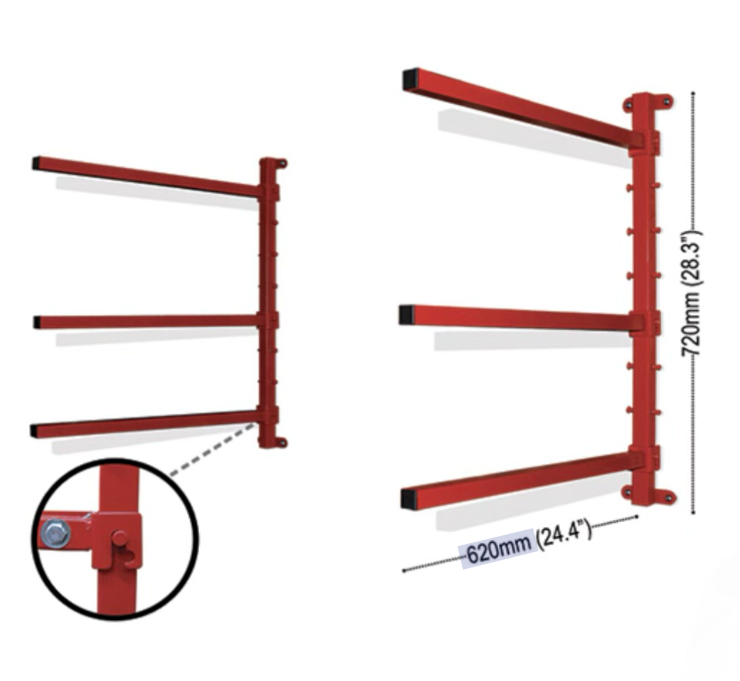 Red wall-mounted storage rack with three horizontal arms. Dimensions labeled: 720mm (28.3