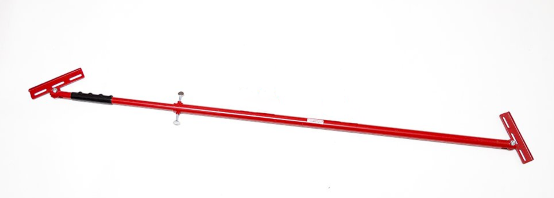 Red tool with two T-shaped ends and two hanging circles on a white background.