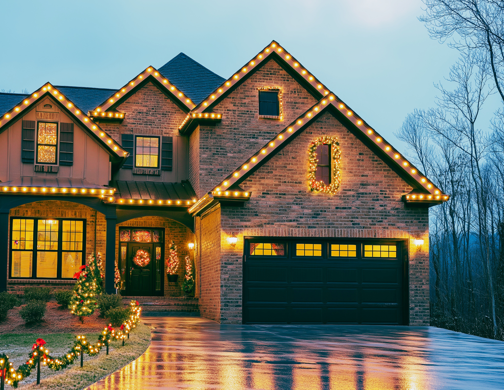 A large brick house decorated for christmas with christmas lights on the roof.