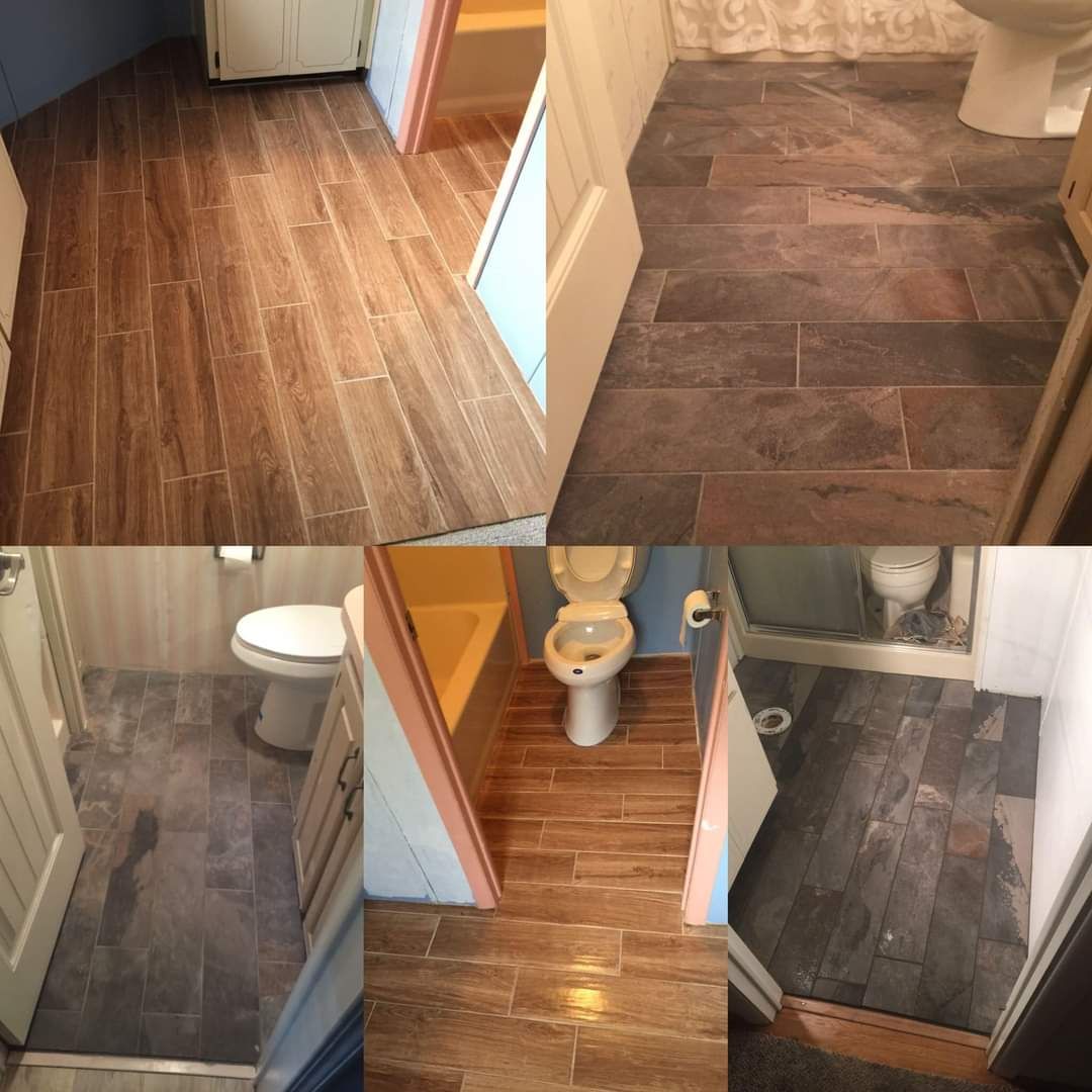 A collage of four pictures of a bathroom with wooden floors