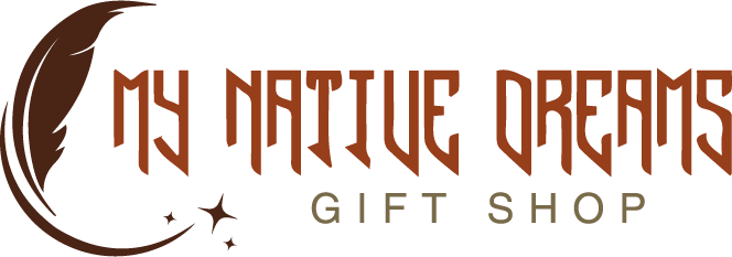 Logo for "My Native Dreams Gift Shop" with a feather, stars, and brown text.