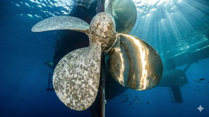 Large ship propeller underwater in blue water with sunlight beams