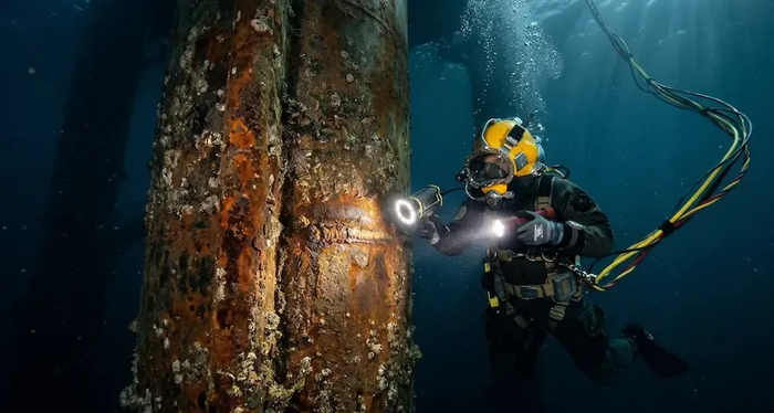Scuba diver with flashlight inspecting a rusted underwater structure in dark blue water