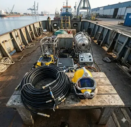 On a ship deck, coiled cable and a yellow diving helmet sit beside metal equipment and tanks.