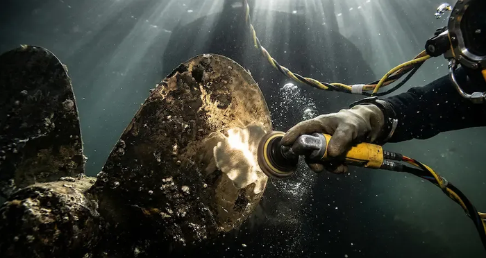 Underwater worker cutting a rock with a power tool, sending sparks through dark water