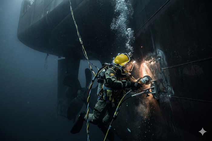 Diver in yellow helmet welding a ship hull underwater, with sparks and rising bubbles