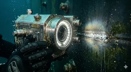 Diver holding a futuristic underwater camera aimed at a glowing fish or object in dark water