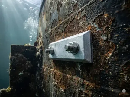 Underwater metal bracket bolted to a rusted structure, with light filtering through the water