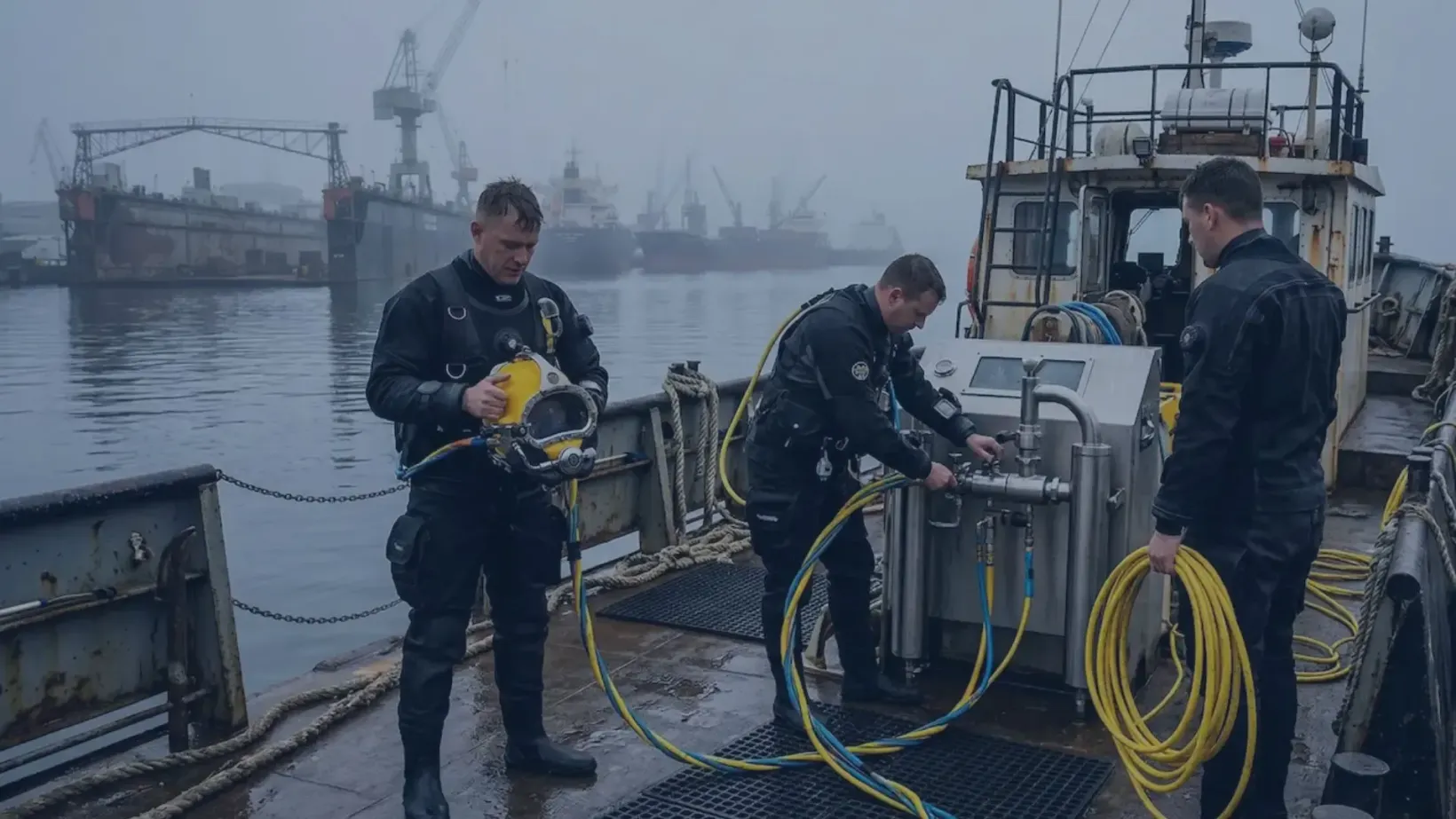 Three workers on a foggy dock handling hoses and equipment beside a boat