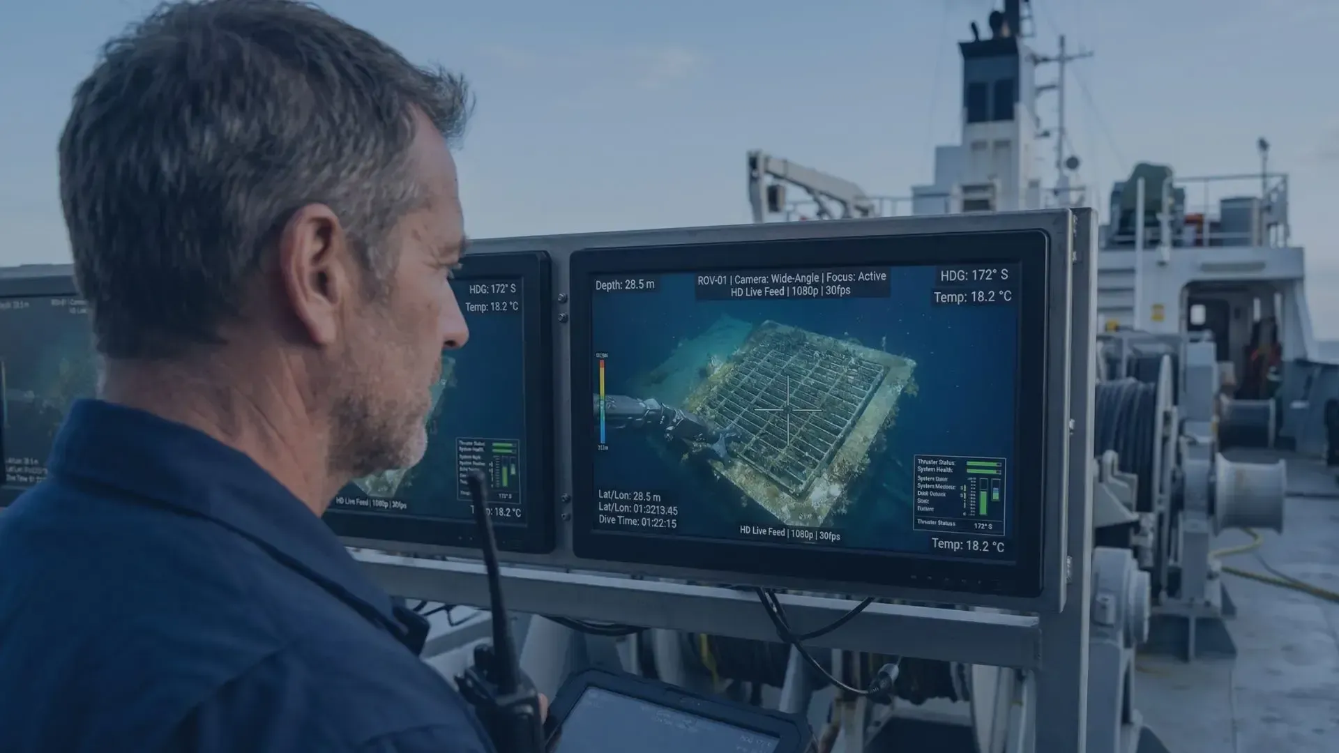 Man in blue jacket viewing an offshore platform map on a monitor aboard a vessel