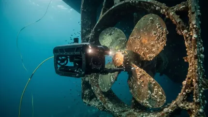 Underwater robot inspecting a large rusty ship propeller