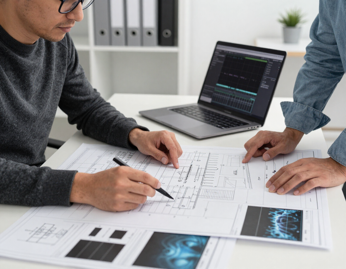 Ingegnere acustico e architetto collaborano su un progetto tecnico