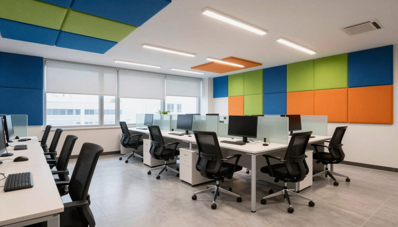 Ufficio moderno con soluzioni di insonorizzazione acustica professionale
